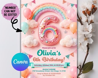 6th Birthday Invitation Girl, Rainbow Sequin Glitter Invite for Girls Party, Girls Pink Birthday Invite, Editable Canva Template