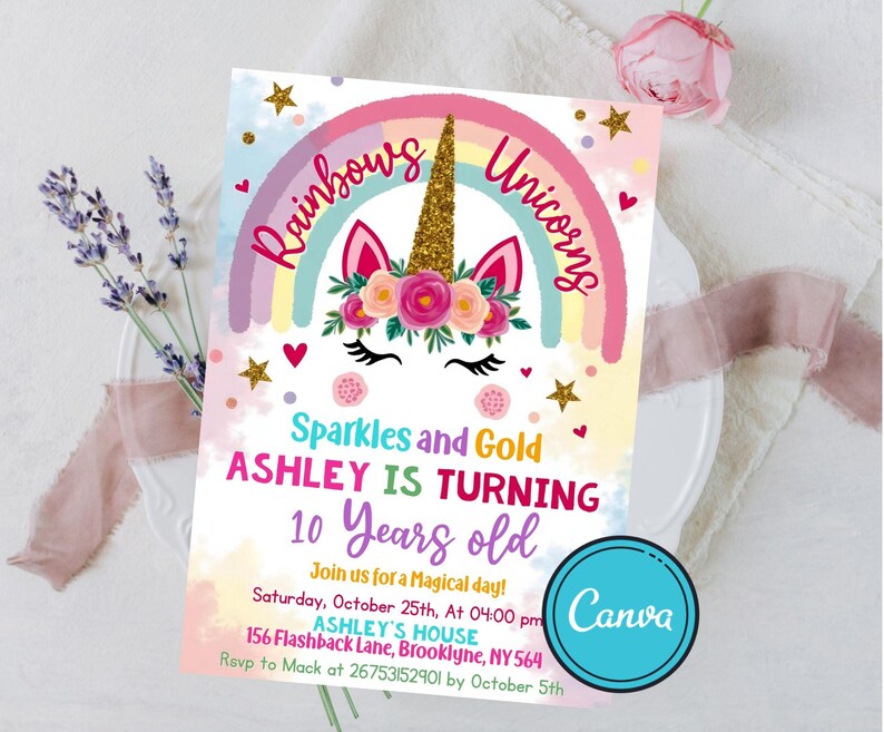 Editable Unicorn Rainbow Birthday Invitation, Unicorns Rainbows ...