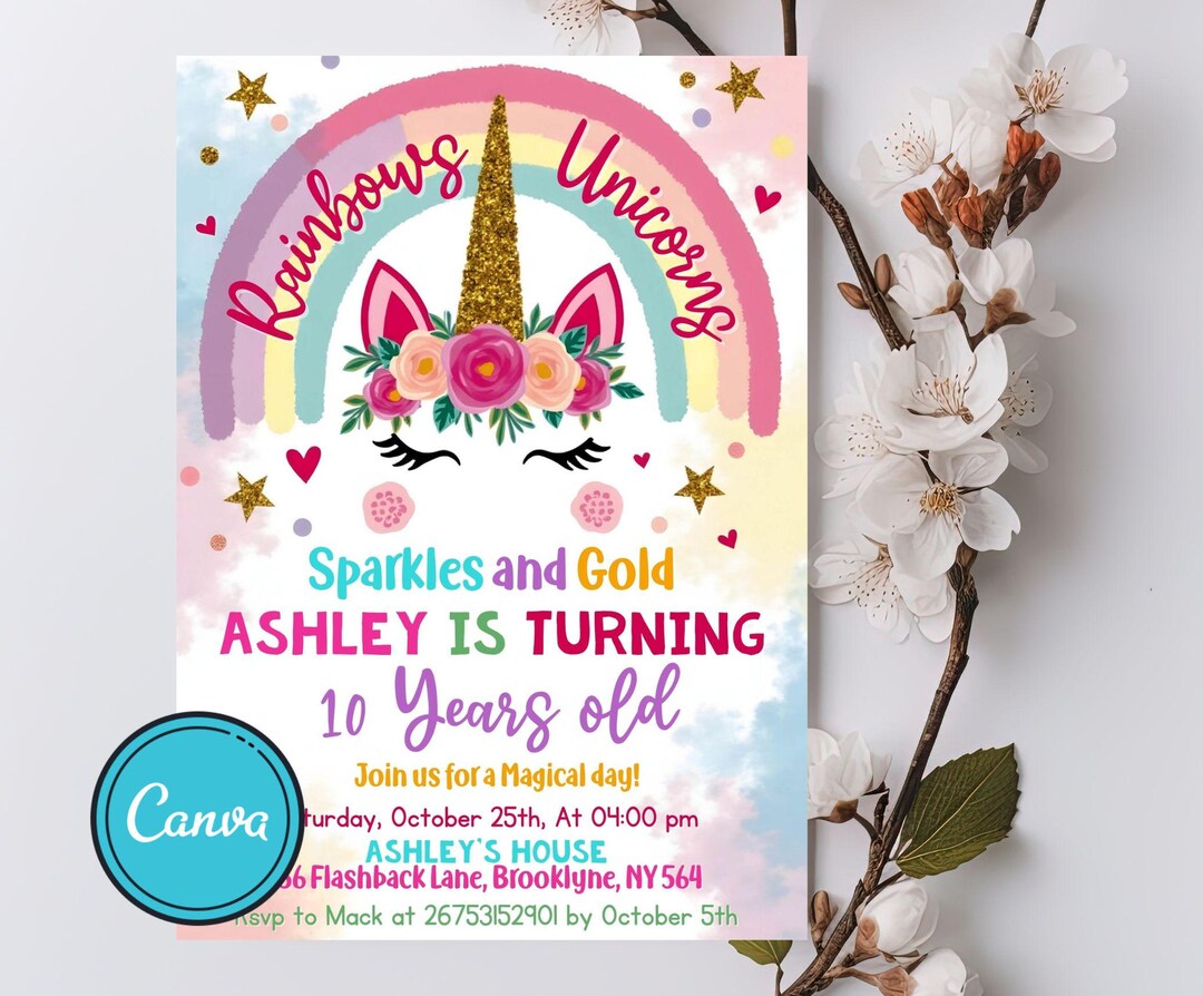 Editable Unicorn Rainbow Birthday Invitation, Unicorns Rainbows ...
