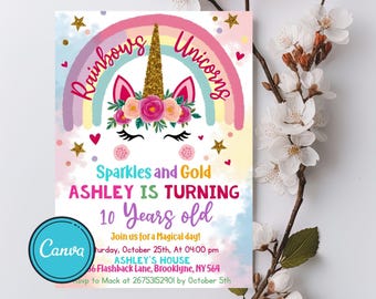 Pode incluir: Um convite colorido com tema de unicórnio. O design apresenta um arco-íris, estrelas douradas e o texto "Rainbows & Unicorns". O convite diz "Ashley está fazendo 10 anos" e inclui detalhes do evento.