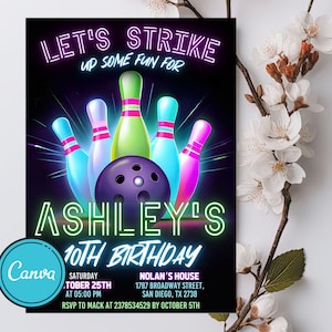 Editable Neon Bowling Birthday Invitation (Digital Printable)