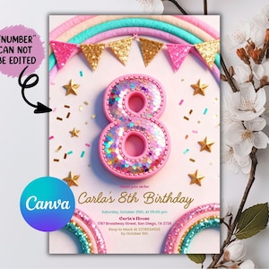 Invitación de octavo cumpleaños, invitación de octavo cumpleaños para niña, invitación con brillo neón, invitación con globo y mariposa, plantilla editable de Canva