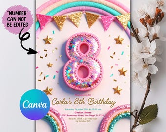 8th Birthday Invitation, Girl 8th Invitation, Girl Birthday, Neon Glow Invitation, Balloon Butterfly Invitation, Editable Canva Template