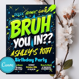 Modelo de convite de aniversário editável para bruh, convite bruh neon, bruh convite, festa bruh neon, festa de meninos adolescentes, bruh é meu aniversário