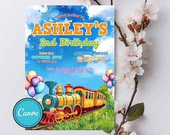 Train Birthday Invitation, Chugga Chugga Choo Choo Invitation, Two Two 2nd Birthday Invite, Second Birthday Party Boy Editable with Canva