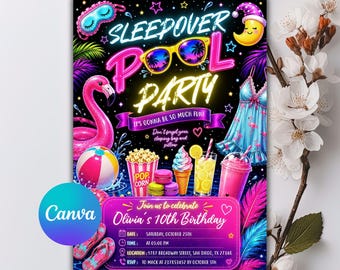 Slumber Pool Party Birthday Invitation, Sleepover Swim Birthday Invite, Pink Girl Tween Teen Swim Pool Digital, Editable Canva