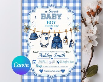 Blue Jean Baby Shower Invitation, Denim Baby Boy Shower Theme Party Invite, Rustic Canva Template, Editable Download