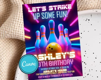 Invitación de bolos neón, invitación para jugar a los bolos, invitación para fiesta de cumpleaños de niño, invitación animada de bolos con efecto luminoso para niño