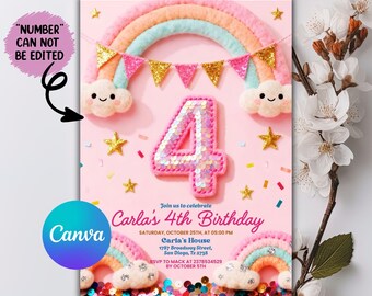 4th Birthday Invitation Girl, Rainbow Sequin Glitter Invite Girls Party, Pink Birthday Invite, Editable Canva Template
