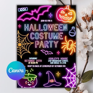 Neon Halloween Party Invite, Spooktacular Costume Party Neon Invitation, Halloween DIY Kids Cute Invite, Halloween Invitation, Digital