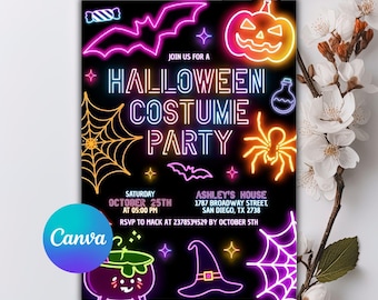 Neon Halloween Party Invite, Spooktacular Costume Party Neon Invitation, Halloween DIY Kids Invite, Halloween Invitation, Editable Canva