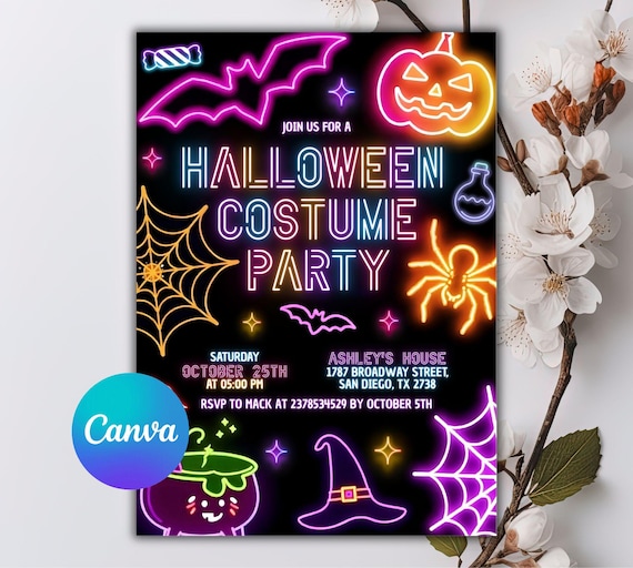 Neon Halloween Party Invite, Spooktacular Costume Party Neon Invitation, Halloween DIY Kids Invite, Halloween Invitation, Editable Canva