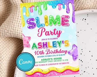 Slime Birthday Invitation, EDITABLE Neon Glow Slime Party Invite Template, Girl Birthday Party, Glitter Slime Time, Slime CANVA