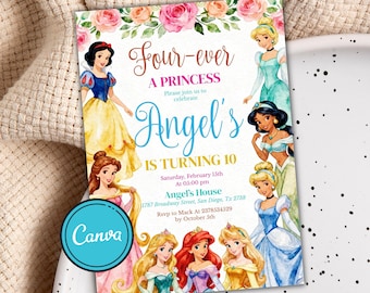 Four Ever A Princess Birthday Invitation Fourever A Princess Invitation 4th Birthday Invite Princess Party Royal Theme Watercolor EDITABLE