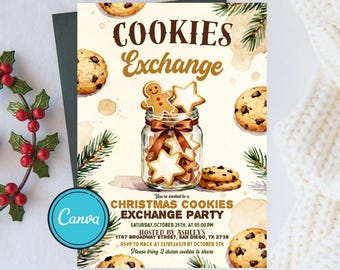 Convite para festa de decoração de biscoitos de Natal, convite para festa de fim de ano, festa de biscoitos de gengibre, modelo editável do Canva
