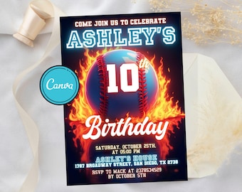 Baseball Birthday Party Invitation, Swing on Over, Rookie of the Year, Neon Sports Birthday Theme Invite, Digital Editable Printable