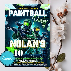 Bewerkbare paintballverjaardagsuitnodiging, paintballuitnodiging, paintballfeest, paintballuitnodiging direct downloaden, digitale CANVA