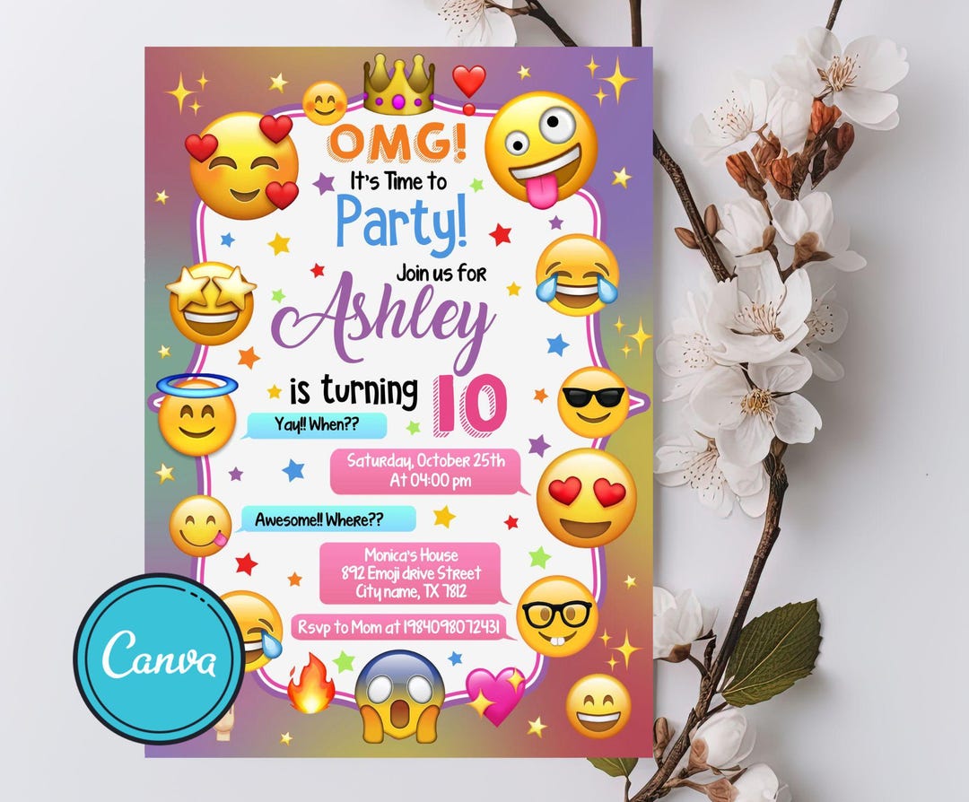 Emoji Birthday Invitation: Girl Party, Canva Template (digital Download ...