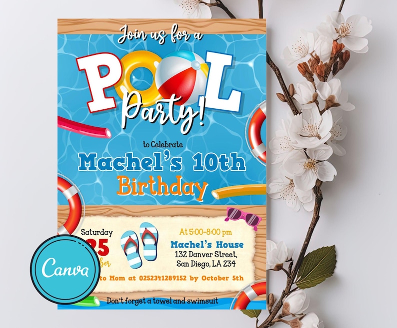 Editable Pool Party Birthday Invitation, Pastel Girl Pool Birthday ...