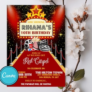 Tapis rouge d'invitation, faire-part d'anniversaire de film tapis rouge, faire-part de film, invitation sur le thème d'Hollywood, invitation de fête d'Hollywood, téléchargement immédiat