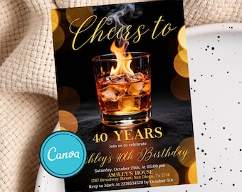 Whiskey Birthday Invitation, Surprise Party Adult, 30th 40th 50th Any Age, Cognac Scotch Liquor, Canva Editable Adult Men Birthday Invite