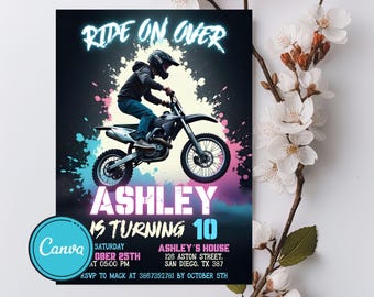 Convite editável de aniversário de motocross: festa de motocross (modelo CANVA)