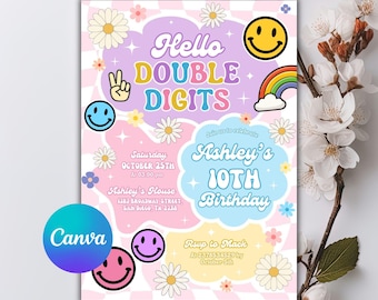 Hello Double Digits girl birthday invitation, Preppy Varsity Groovy Invitation, 10th Birthday Invitation, Groovy Invitation, Editable Canva