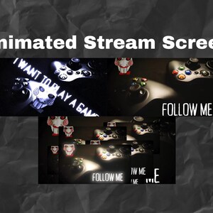 Peut inclure: Écran de diffusion animé avec un fond noir et un texte blanc superposé qui dit "I WANT TO PLAY A GAME". L'écran présente également une manette de jeu vidéo noire avec des boutons verts, rouges et bleus. Le texte "FOLLOW ME" est également visible sur l'écran.