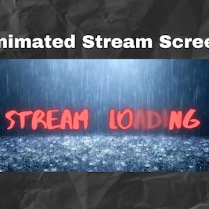 Peut inclure: Écran de diffusion animé avec un texte rouge "STREAM LOADING" superposé sur un fond bleu foncé avec un effet de pluie.