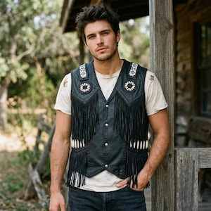 Black Leather Fringe Vest | Beaded Western Cowboy Waistcoat | Native Inspired Southwestern Festival Vest