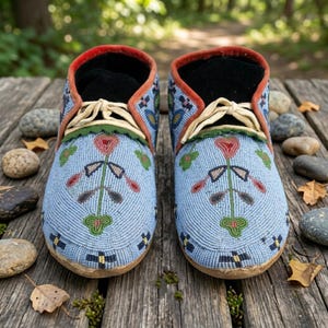 May include: A pair of light blue moccasins featuring intricate beadwork in floral patterns of red, green, and black. The footwear includes a rust-coloured trim around the ankle opening, black interior lining, and cream-coloured leather laces.