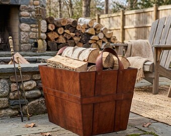 Panier organisateur en bois fait main en cuir | Support pour cheminée | Rangement intérieur pour le bois de chauffage pour la maison