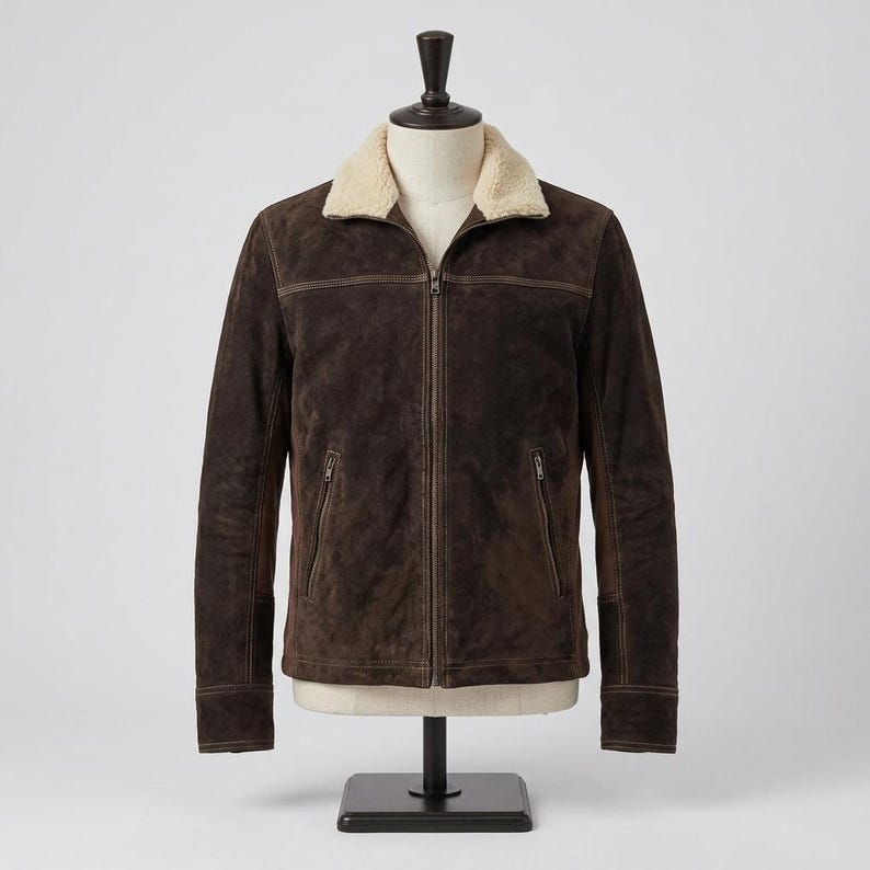 Men's Dark Brown Suede Jacket | Shearling Sherpa Collar Trucker Bomber Coat | Western Biker Style image 2