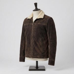 Men's Dark Brown Suede Jacket | Shearling Sherpa Collar Trucker Bomber Coat | Western Biker Style image 3