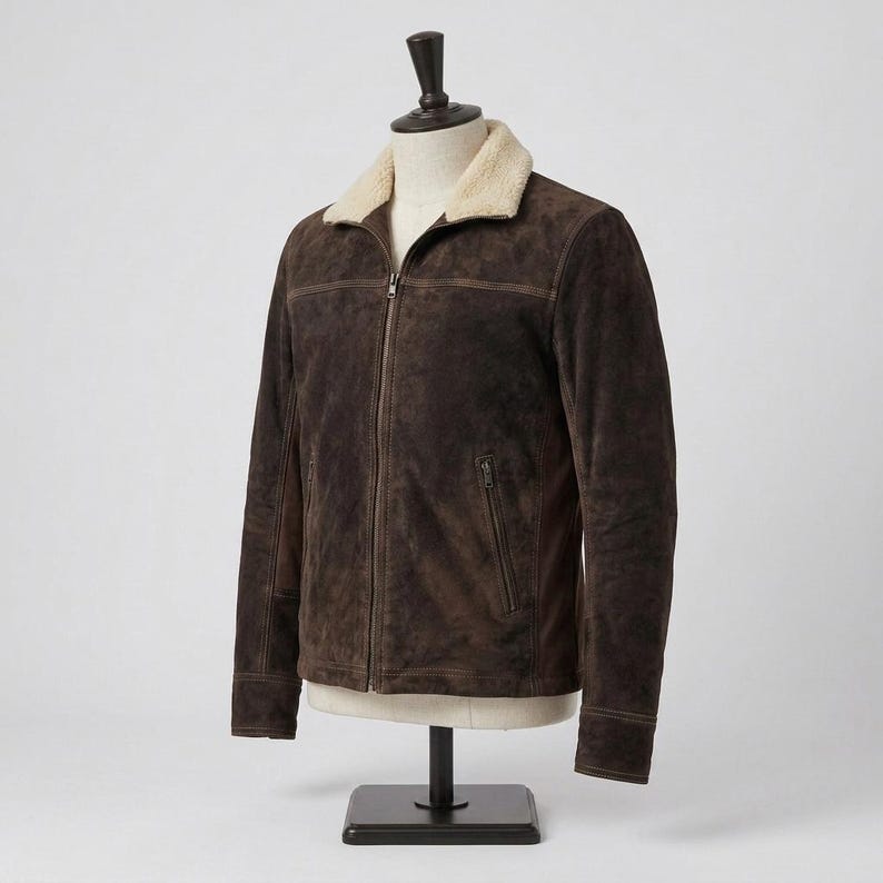 Men's Dark Brown Suede Jacket | Shearling Sherpa Collar Trucker Bomber Coat | Western Biker Style image 3