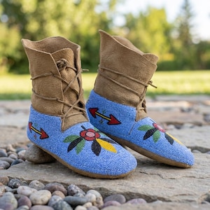 Könnte beinhalten: Ein Paar knöchelhohe Stiefel aus beigem Wildleder mit hellblauen, perlenbesetzten Abschnitten im unteren Bereich. Die Perlenstickerei zeigt ein florales Motiv in Rot, Gelb und Schwarz sowie rote und gelbe Pfeilmotive. Die Stiefel haben beigefarbene Lederbänder.