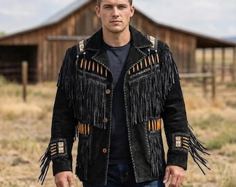 Men's Handmade Black Suede Fringe Cowboy Jacket | Western Beaded Native-Inspired Boho Festival Wear