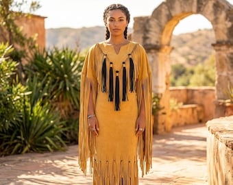 Handmade Suede Fringe Weestern Maxi | Native-Inspired Powwow Regalia Beaded Tassel Tribal Wedding Dress