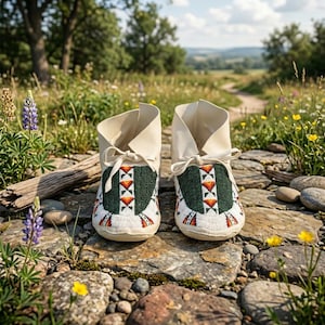 May include: A pair of cream-colored leather moccasins featuring a dark green beaded vamp with a geometric pattern in white, orange, and red. The footwear includes matching cream leather laces tied at the front and a soft, flexible construction.