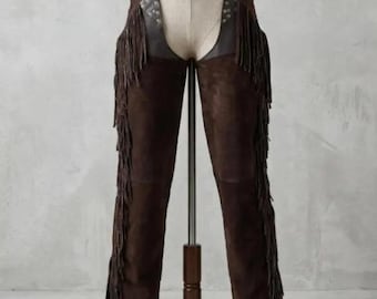 Handmade Brown Suede Cowgirl Fringes Chaps | Leather Western Rodeo Pant | Horse-Riding Festival Outfit