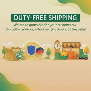 Op de afbeelding: Een grafische illustratie met de tekst DUTY-FREE SHIPPING, We are responsible for your customs tax. Shop with confidence, without worrying about extra fees duties! Het toont een doos, schilden, een klokkentoren en een winkelend persoon.