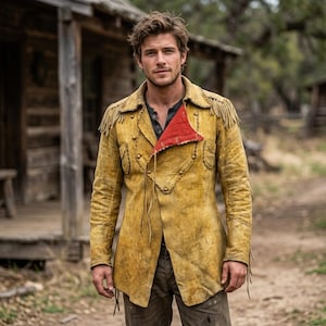 May include: A tan leather jacket featuring long fringe detailing on the shoulders, a pointed collar, and a contrasting red inner lining. The jacket has a button-up front closure, visible stitching along the seams, and long sleeves.