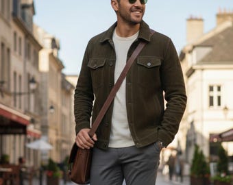 Handmade Olive Suede Trucker Jacket | Men's Western Cowboy Denim Style Vintage Coat