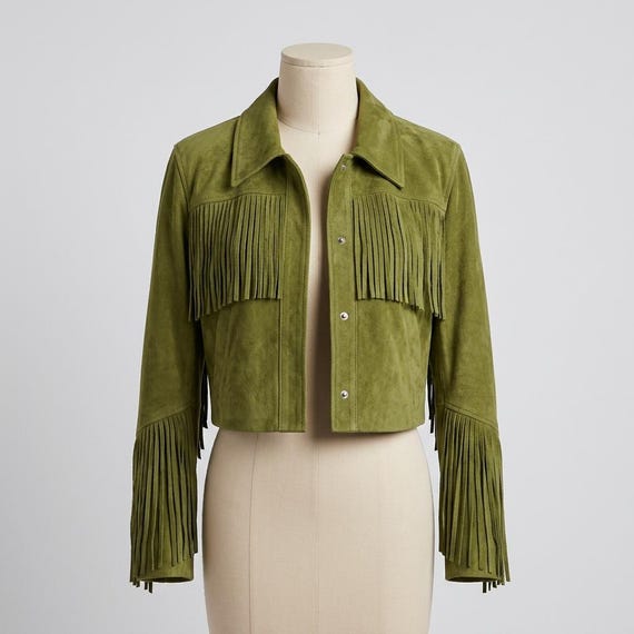 Olive Green Fringe Suede Jacket | Women Western Boho Coat | 70s Cowgirl Rodeo Festival Outfit