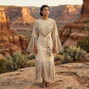 Vestido nativo americano de gamuza hecho a mano con flecos / Maxi atuendo occidental con cuentas / Traje tradicional tribal para festivales