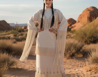 Tenue de Pow-wow en daim western faite main | Robe de mariée ornée de perles et franges | Robe maxi cow-girl mariée festival