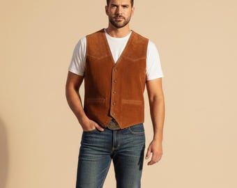 Men Tan Brown Suede Vest | Western Cowboy Rodeo Waistcoat | 70's Hippie Outfit