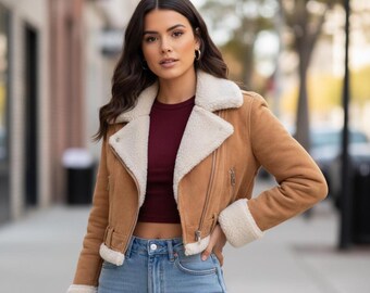 Women Shearling Aviator Leather Jacket | Handmade Cropped Winter Moto Coat | Biker Streetwear Fur Lined