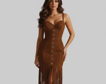 Handmade Women Suede Fringe Party Dress | Western Leather Bodycon Mini Skirt | Cowgirl Event Corset