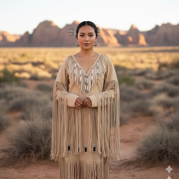 western beige dress Handmade Suede Beaded Native-Inspired Dress | Western Fringe Powwow-Regalia  Maxi